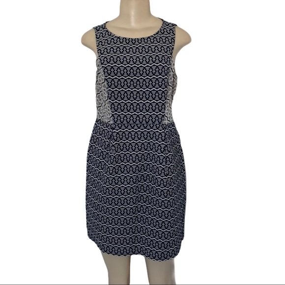 LOFT Ann Taylor Petite Navy White Striped Geometric Colour Block Midi Dress - Picture 3 of 6
